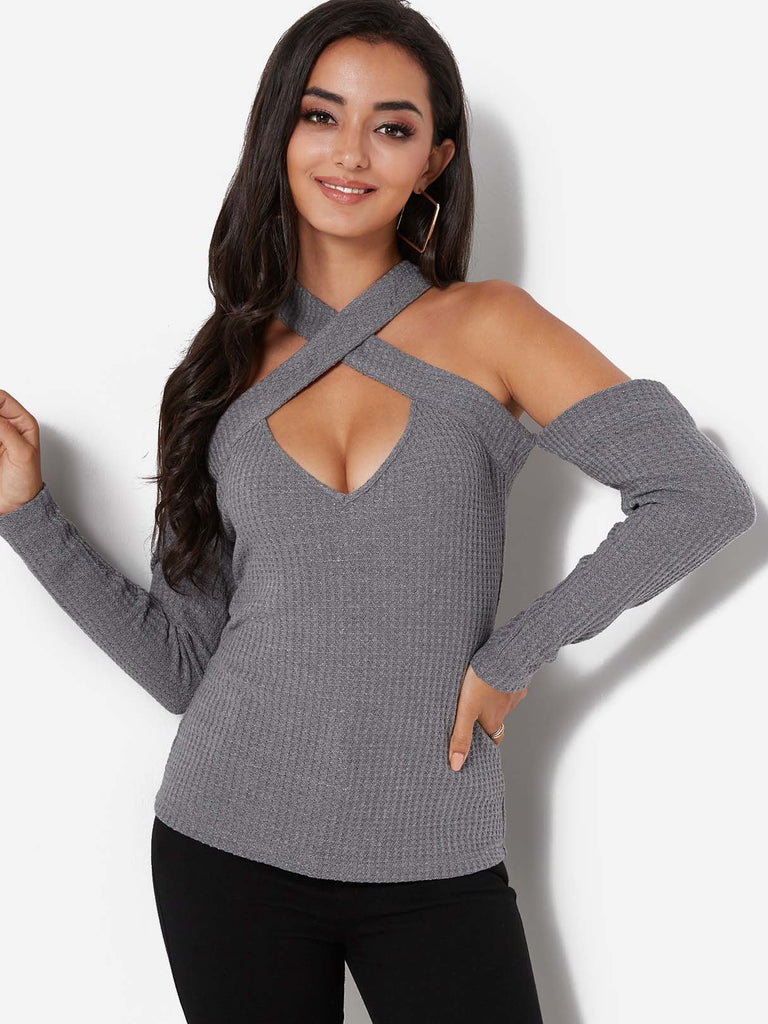 Crossed Collar Off The Shoulder Plain Cut Out Criss-Cross Long Sleeve Grey T-Shirts