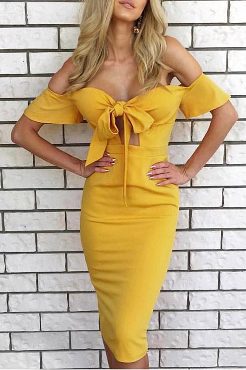 Yellow Strapless Short Sleeve Plain Zip Back Side Pockets Cut Out Midi Dress