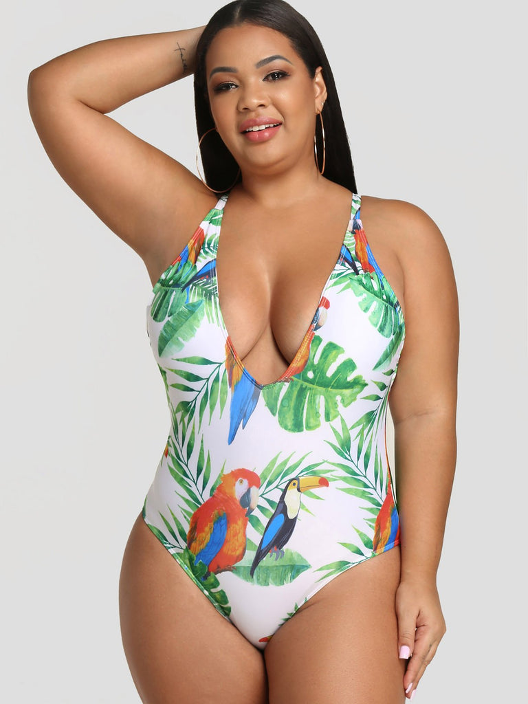 Deep V Neck Floral Print Backless Sleeveless Plus Size Swimwear