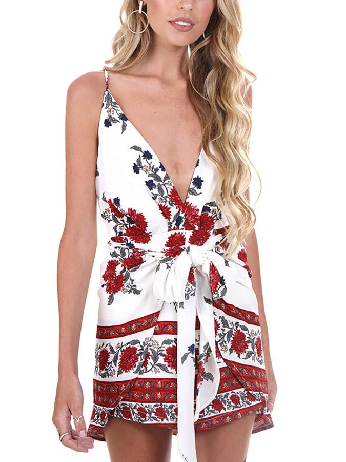 V-Neck Sleeveless Floral Print Zip Back Backless Spaghetti Strap Curved Hem Mini Dresses