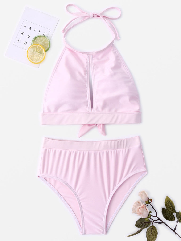 Pink Halter Sleeveless Plain Tie-Up High Waist Two Piece Bikinis