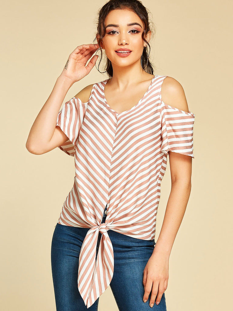 Cold Shoulder Stripe Short Sleeve Pink Blouses