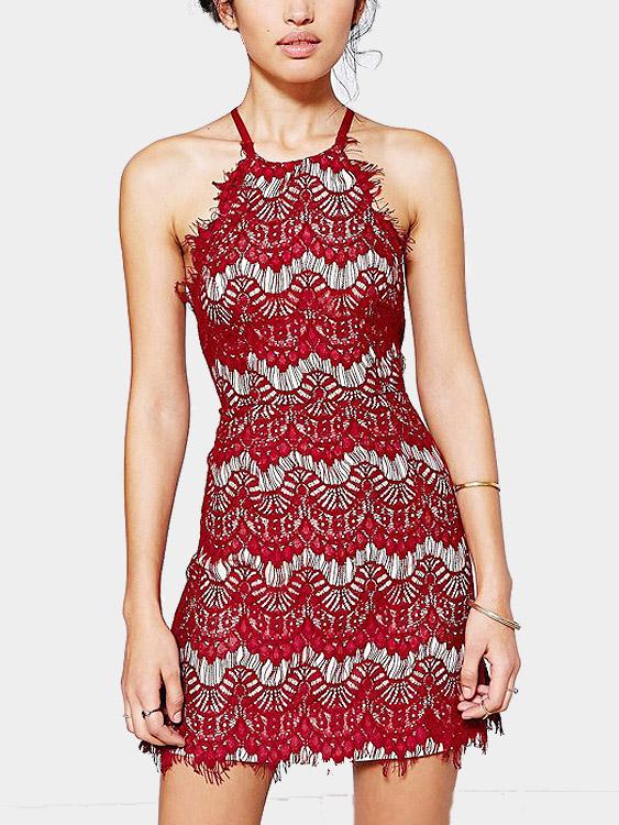 Sexy Backless Bodycon Halter Red Lace Dresses
