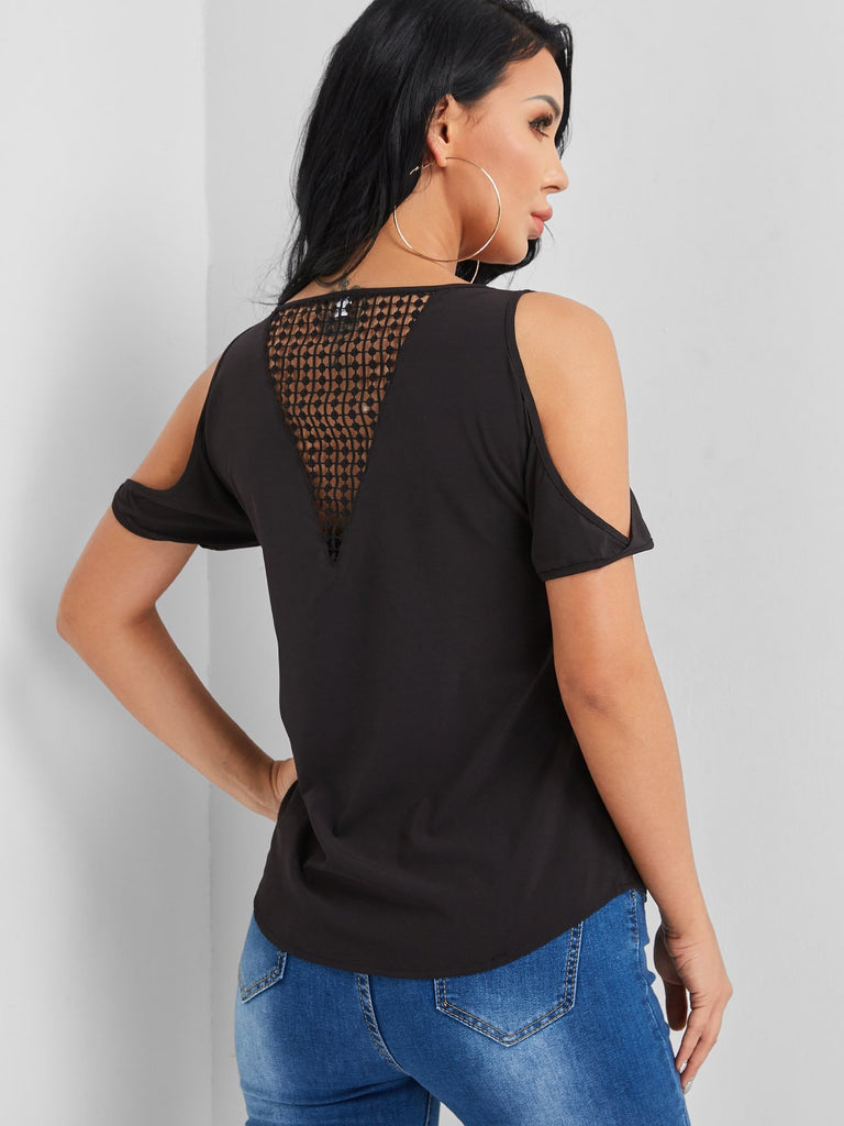 Round Neck Cold Shoulder Crochet Lace Embellished Hollow Short Sleeve Black Top