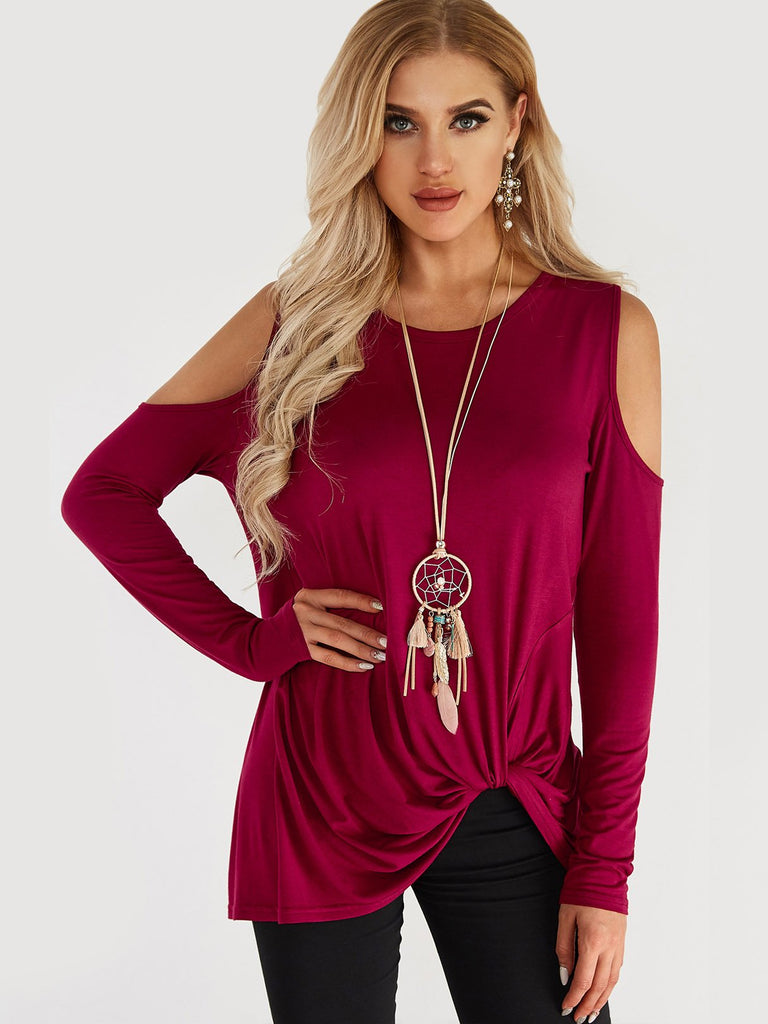 Round Neck Cold Shoulder Plain Crossed Front Hollow Cut Out Pleated Long Sleeve T-Shirts