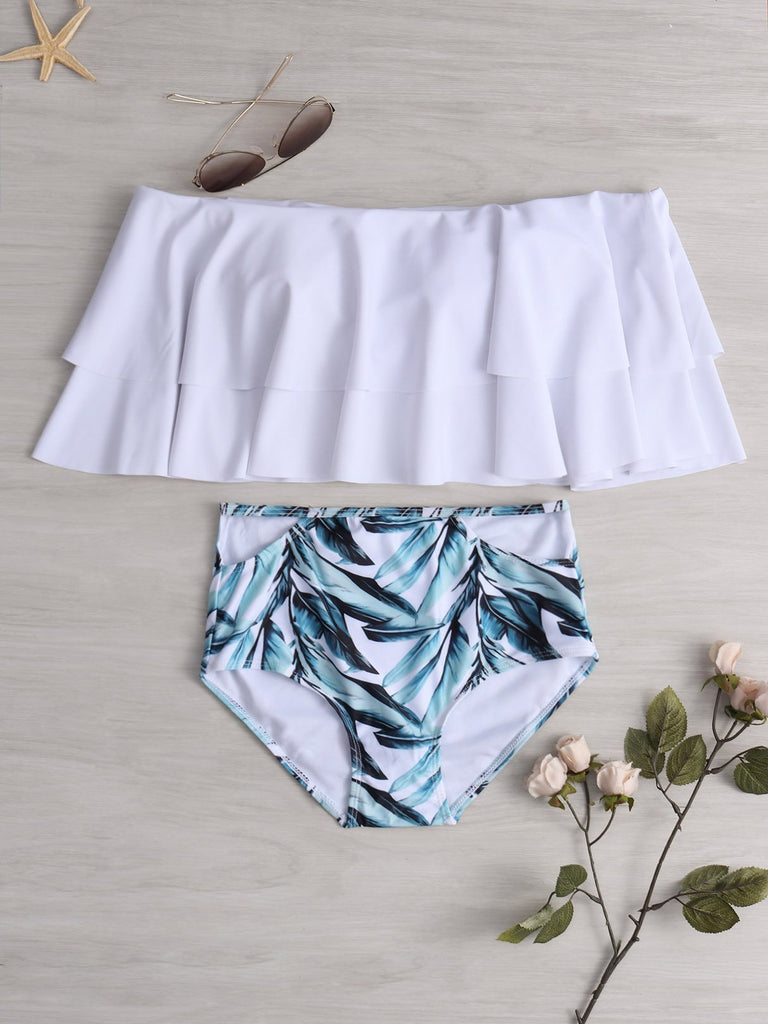 Off The Shoulder Short Sleeve Floral Print Backless Bikinis