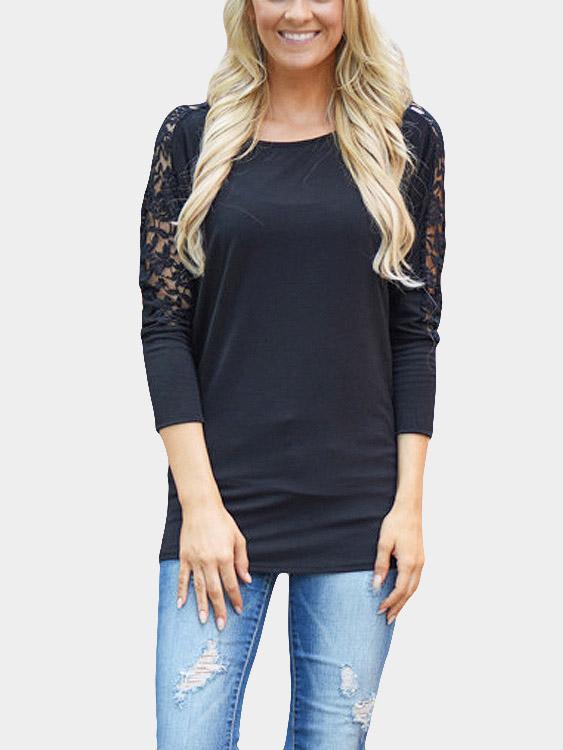 Round Neck Plain Lace Long Sleeve Black T-Shirts