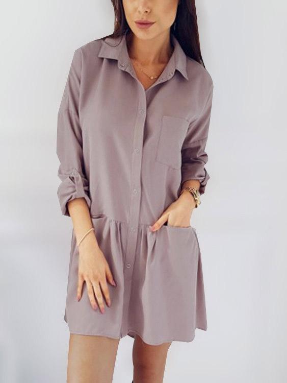 Pink Classic Collar Long Sleeve Plain Side Pockets Flounced Hem Shirt Dresses