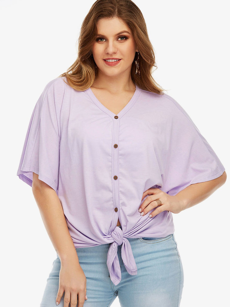 V-Neck Plain Half Sleeve Purple Plus Size Tops