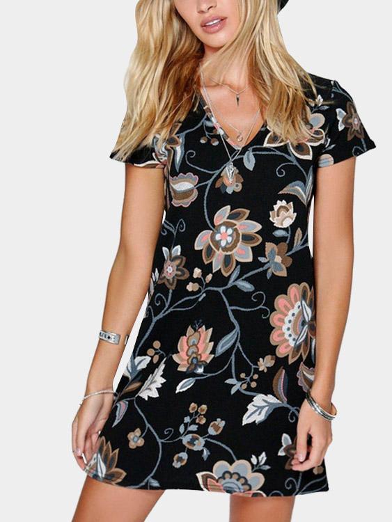 V-Neck Short Sleeve Floral Print Dresses