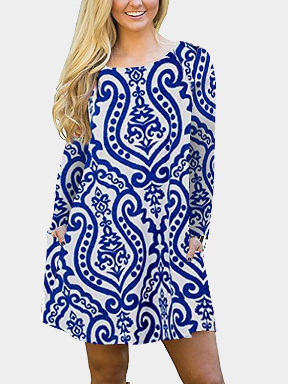 Round Neck Long Sleeve Printed Blue Mini Dress
