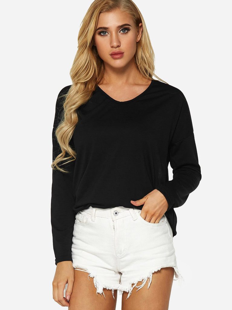 V-Neck Lace Backless Long Sleeve Black T-Shirts