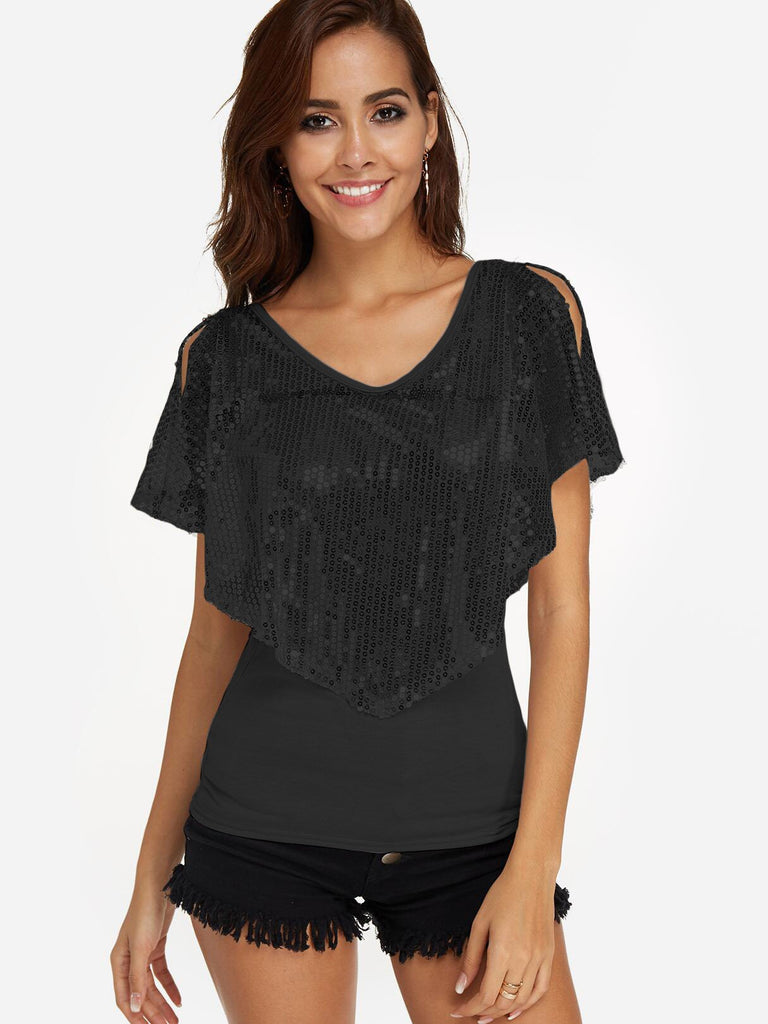 V-Neck Cold Shoulder Sequins Embellished Short Sleeve Black Top