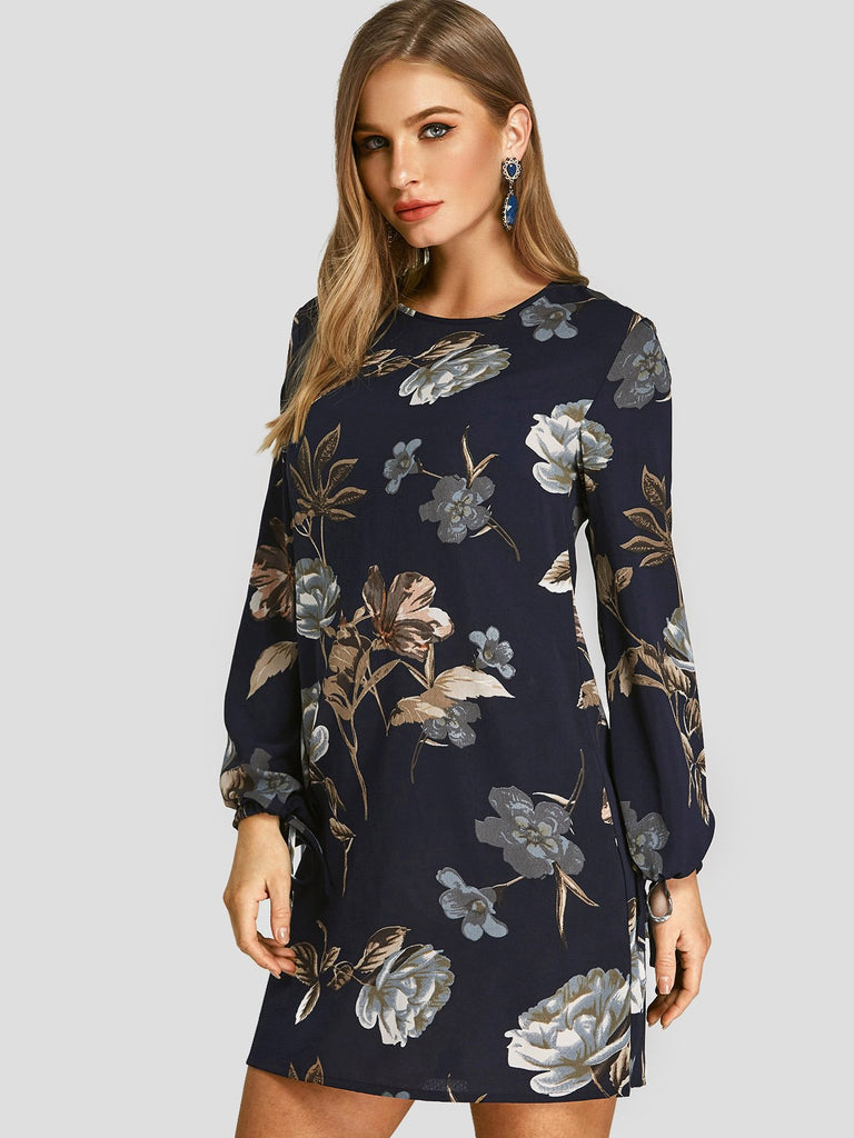 Dark Blue Round Neck Long Sleeve Floral Print Dresses