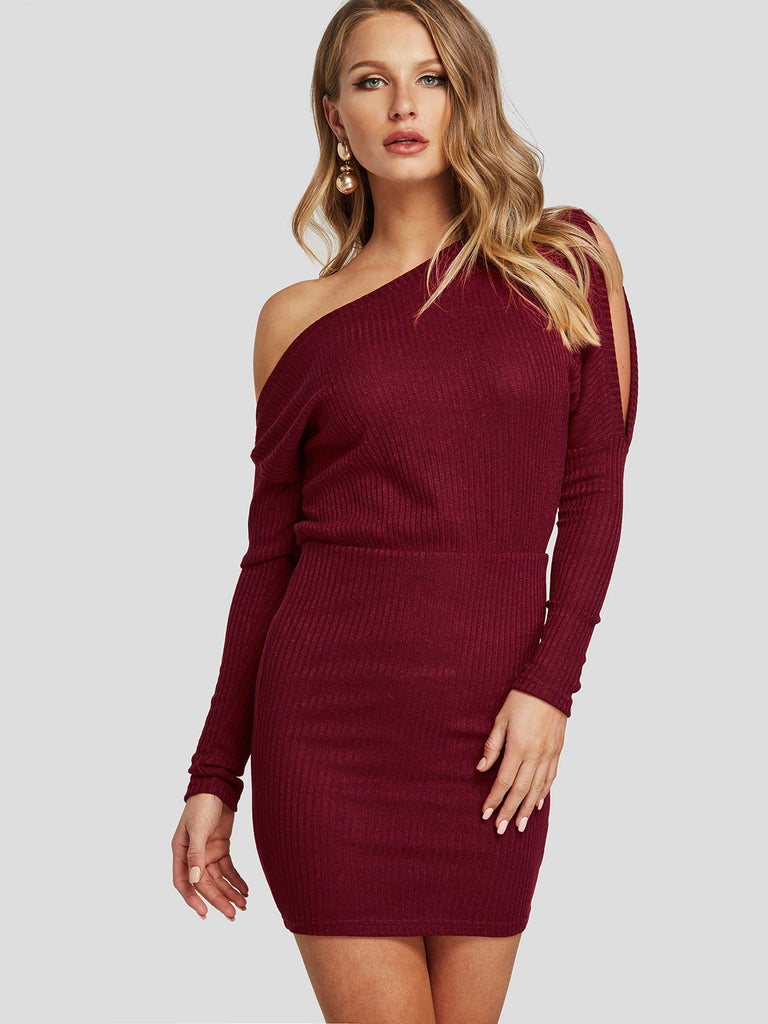 Burgundy One Shoulder Long Sleeve Cut Out Bodycon Dresses