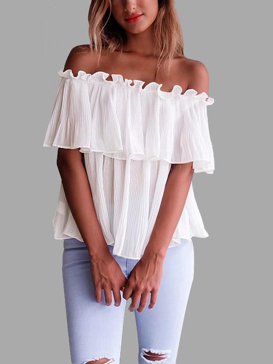 Off The Shoulder Pleated Short Sleeve White Blouses