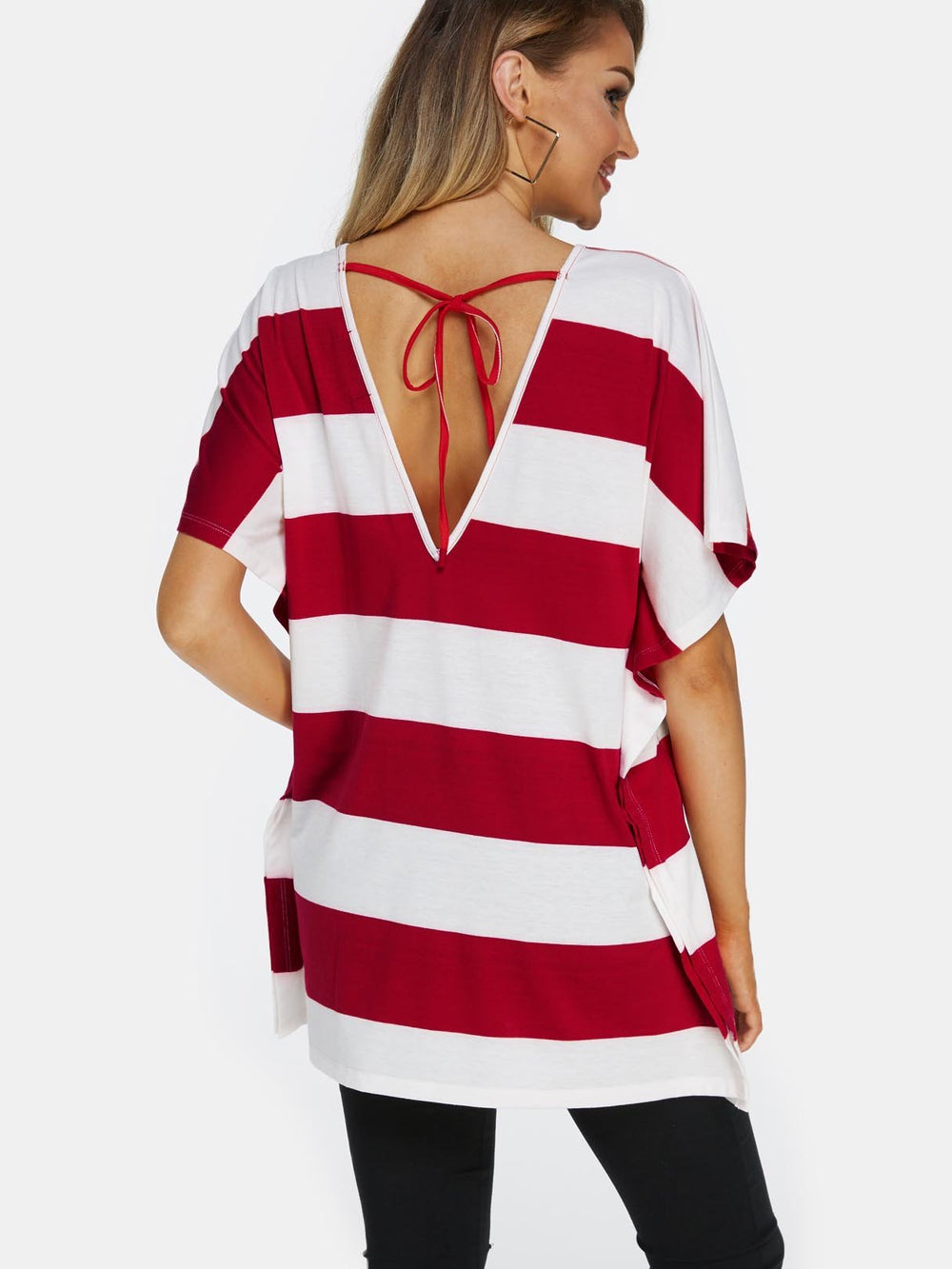 V-Neck Stripe Backless Lace-Up Short Sleeve Red T-Shirts