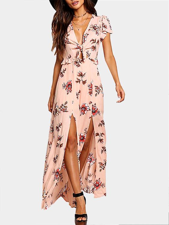 Pink Deep V Neck Short Sleeve Floral Print Cut Out Slit Hem Maxi Dress