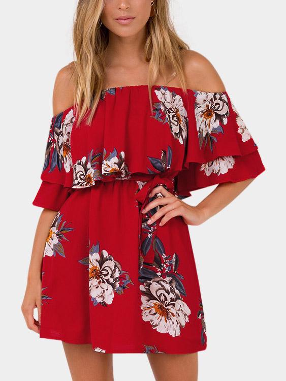 Red Off The Shoulder Short Sleeve Floral Print Lace-Up High-Waisted Dress