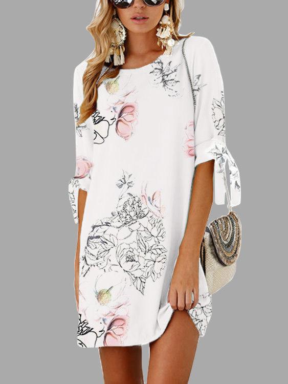 White Round Neck Half Sleeve Floral Print Self-Tie Mini Dresses