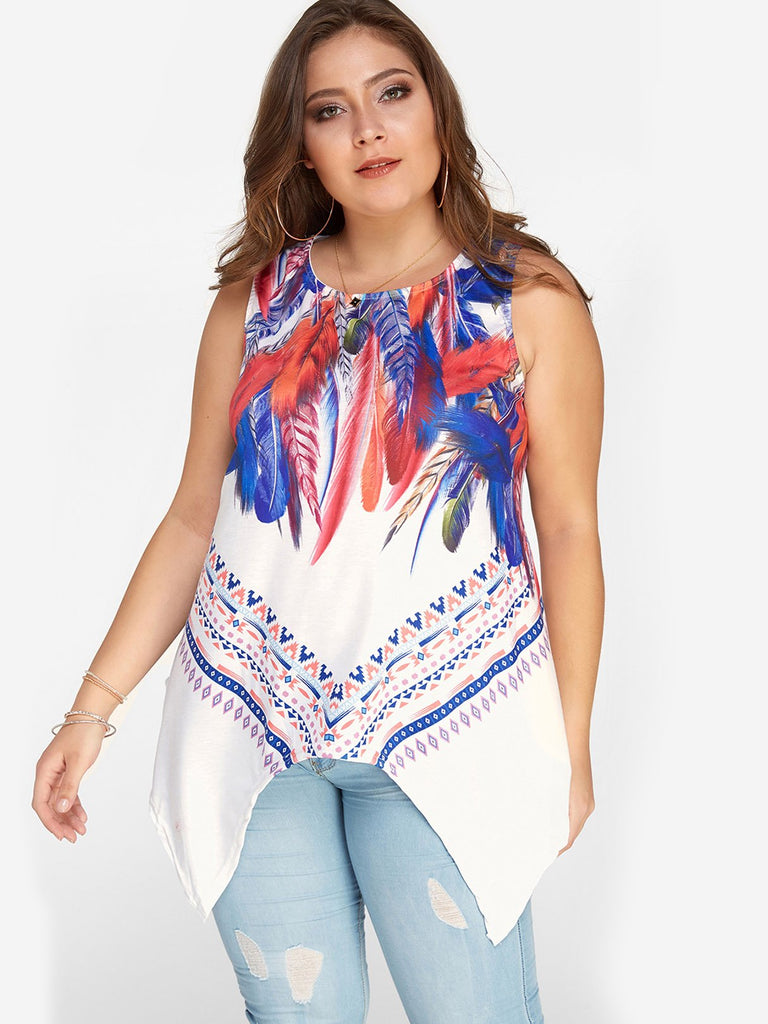 Scoop Neck Tribal Print Sleeveless Irregular Hem White Plus Size Tops