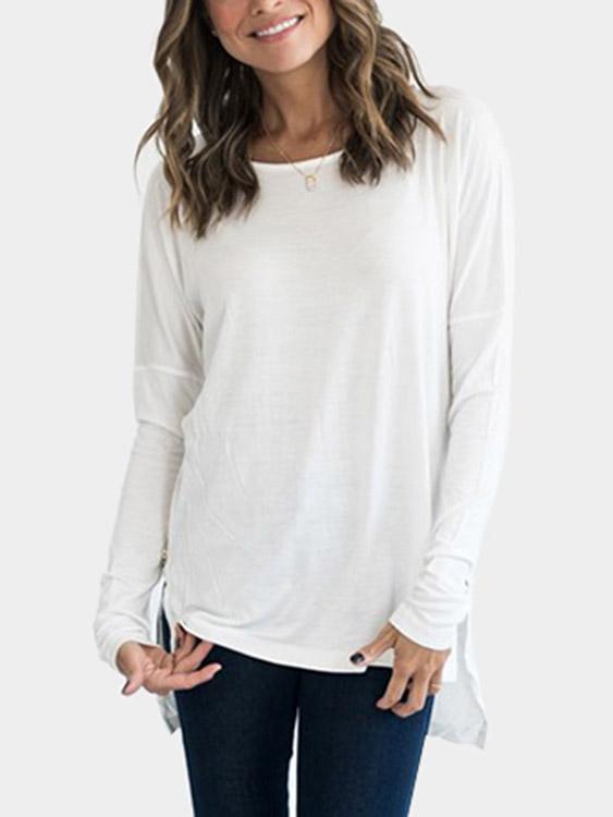 Round Neck Plain Zip Back Slit Long Sleeve White Top