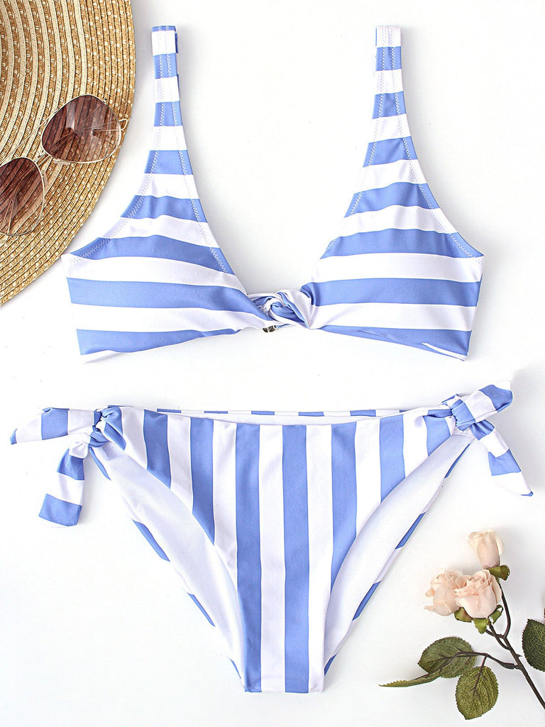 Blue Sleeveless Stripe Spaghetti Strap Self-Tie Two Piece Bikinis