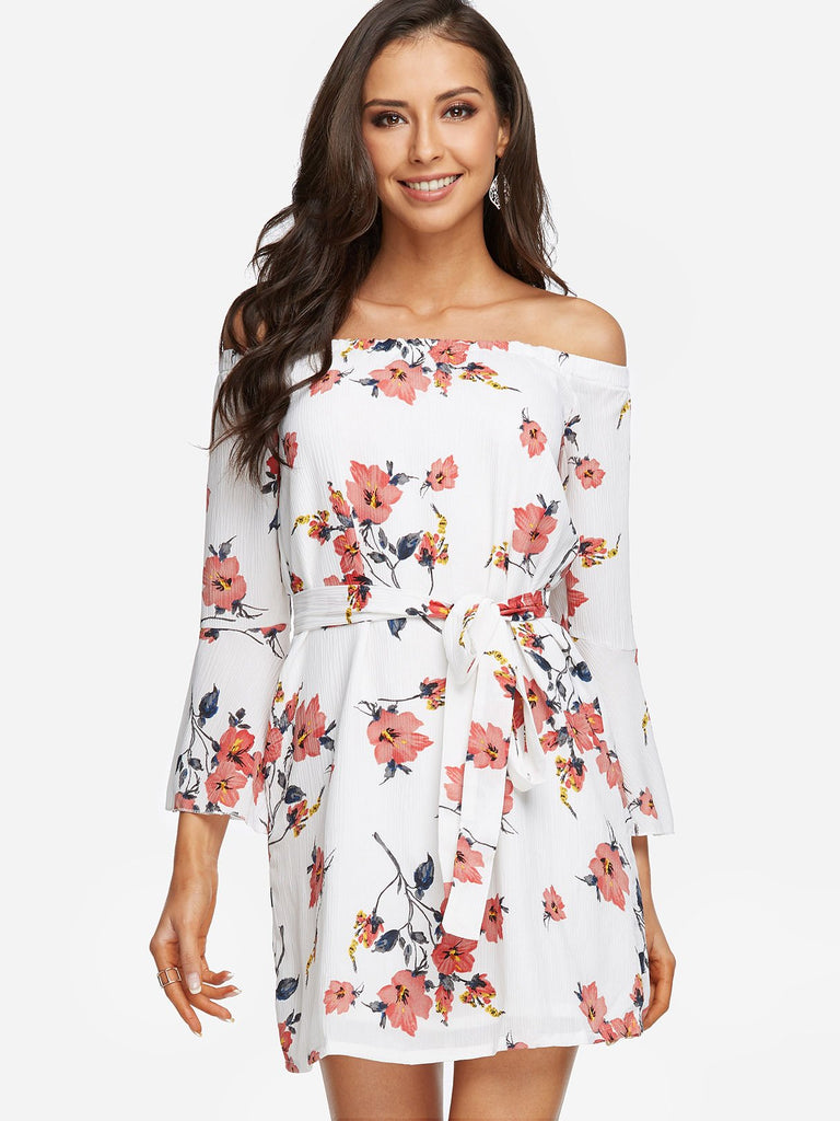 White Off The Shoulder 3/4 Sleeve Length Floral Print Self-Tie Mini Dresses