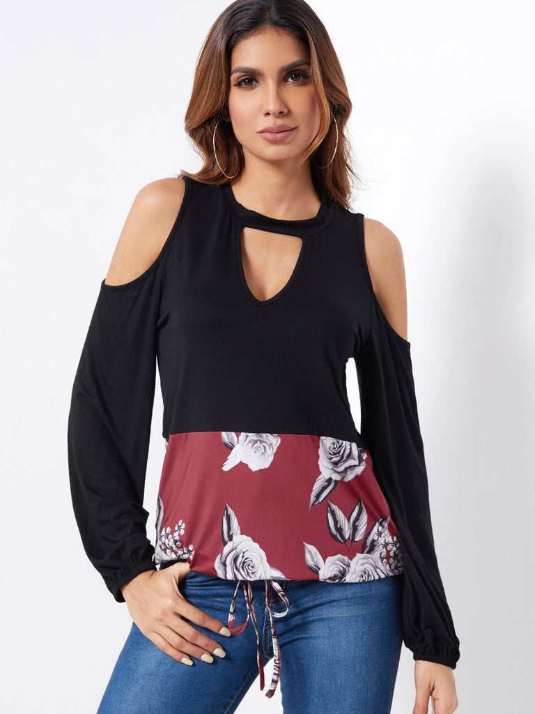 Cold Shoulder Floral Print Hollow Long Sleeve Black Blouses