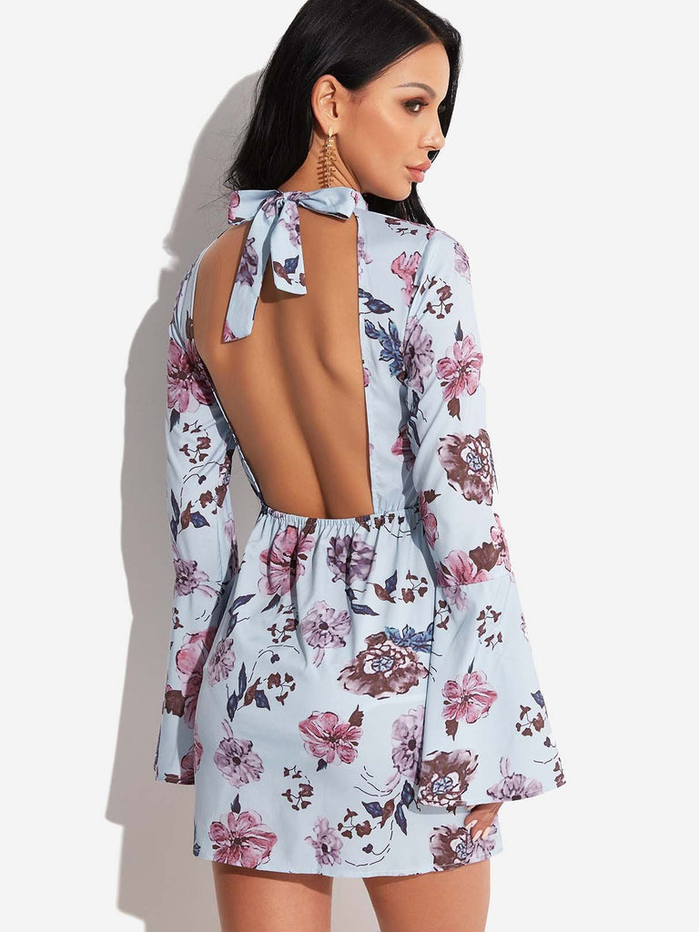 Blue Long Sleeve Floral Print Backless Self-Tie Mini Dress