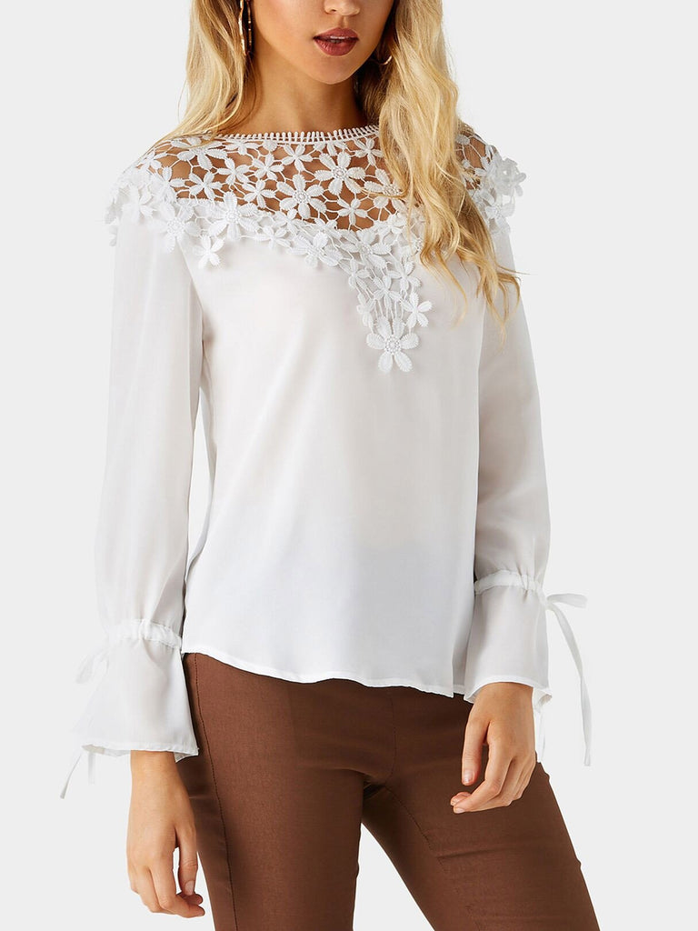 Round Neck Embroidered Lace Long Sleeve Blouses