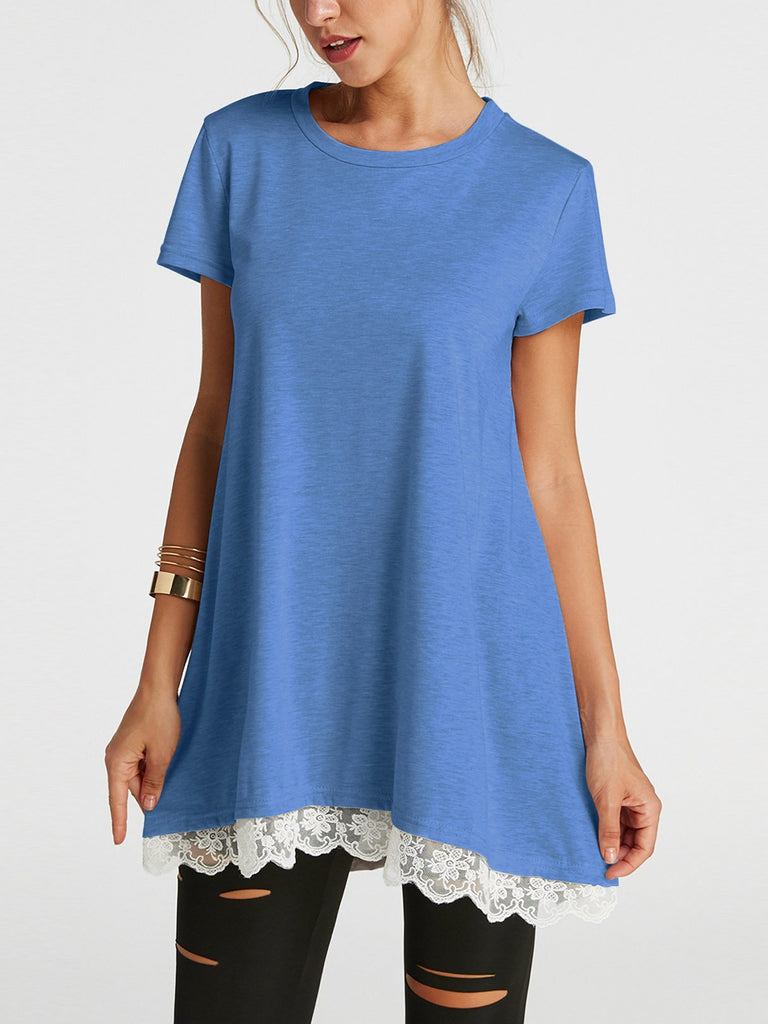 Round Neck Lace Short Sleeve Blue T-Shirts