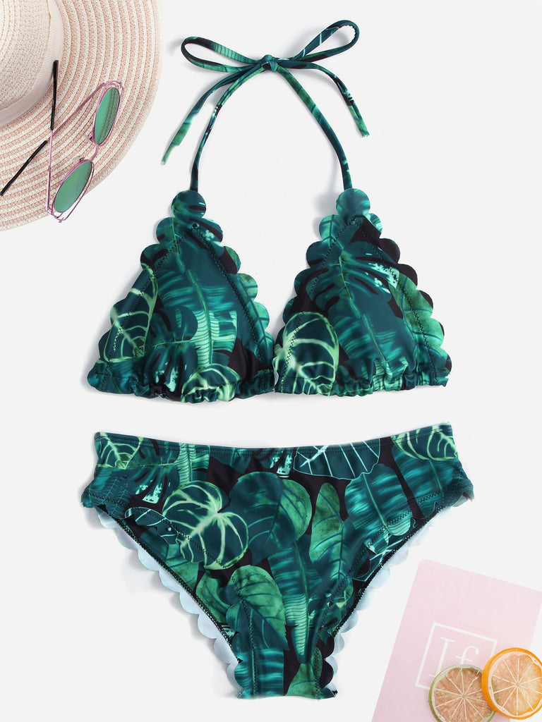 Halter Printed Sleeveless Green Bikini Set