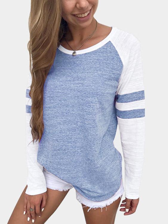 Round Neck Long Sleeve Blue T-Shirts