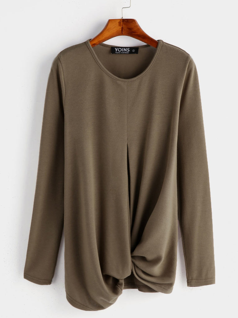 Round Neck Plain Long Sleeve Brown T-Shirts
