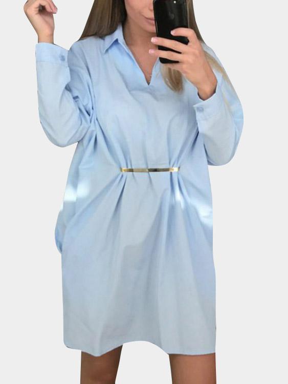 Classic Collar Plain Long Sleeve Blue Shirt Dresses