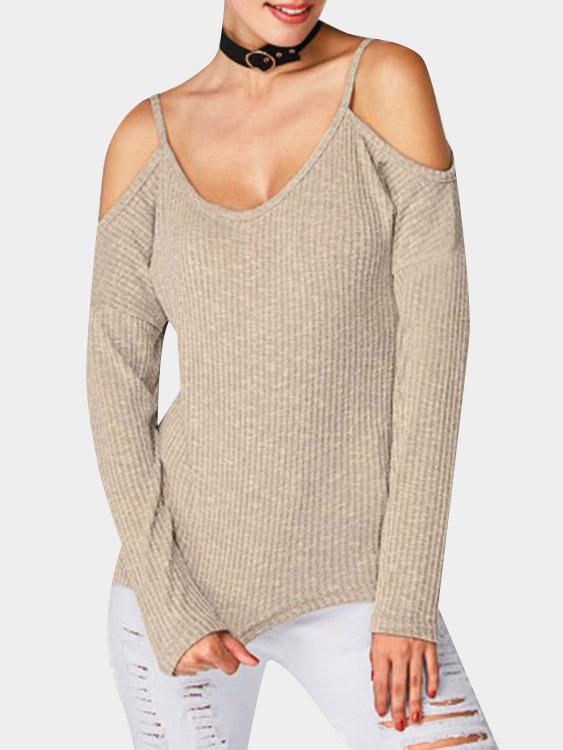 Cold Shoulder Long Sleeve Khaki T-Shirts