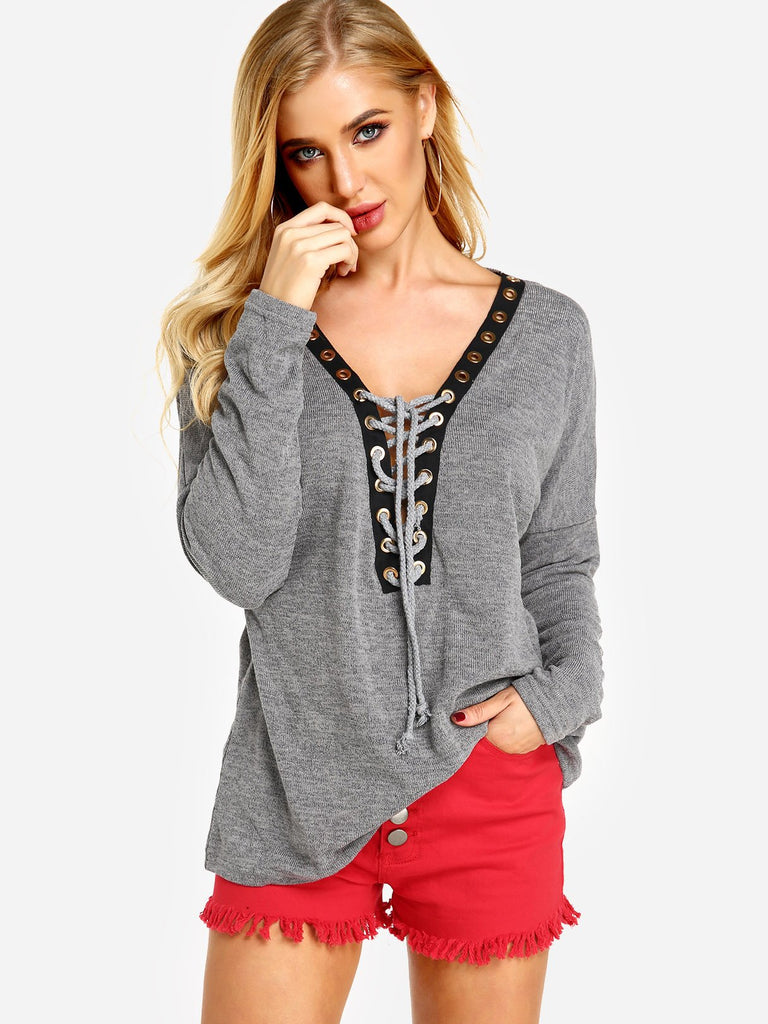 Deep V-Neck Crossed Front Lace-Up Long Sleeve Grey T-Shirts