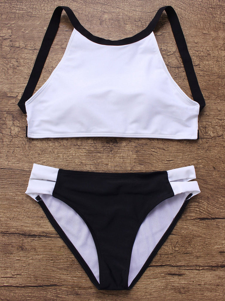 Cream Round Neck Sleeveless Plain Two Piece Bikinis