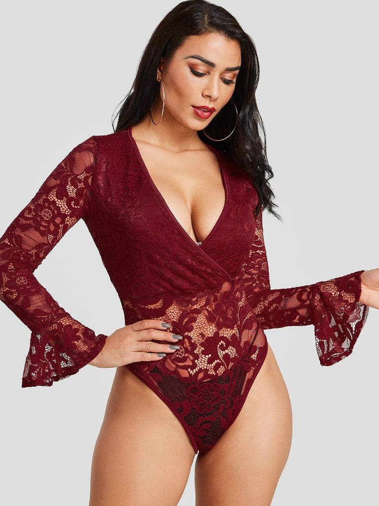 Deep V Neck Lace Long Sleeve Burgundy Blouses