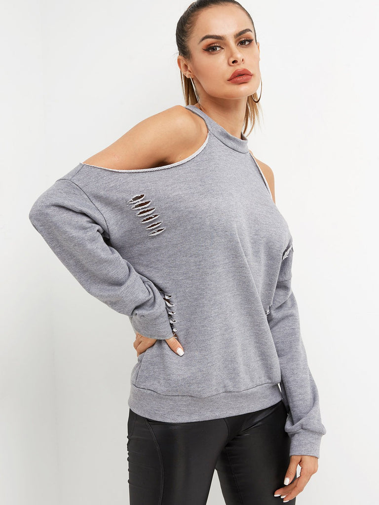 Cold Shoulder Plain Cut Out Long Sleeve Grey T-Shirts