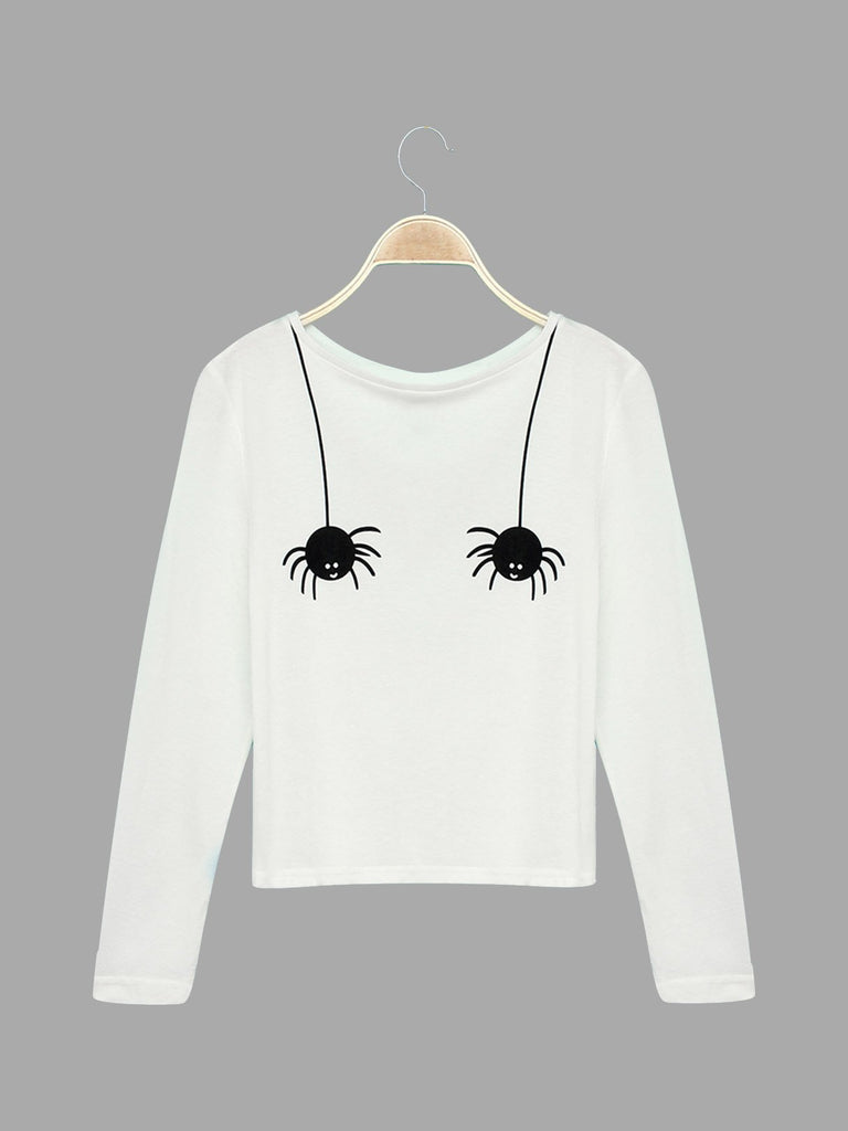 Round Neck Printed Long Sleeve White T-Shirts