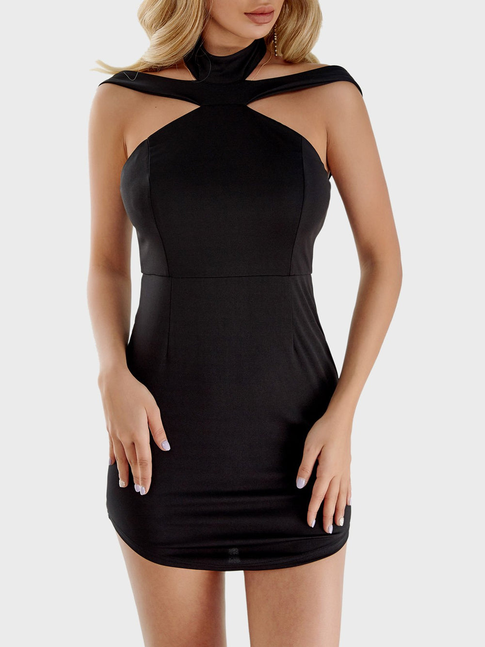 Halter Plain Zip Back Backless Cut Out Curved Hem Black Mini Dress