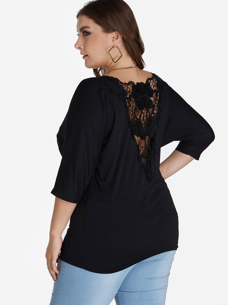 Round Neck Plain Lace 3/4 Sleeve Black Plus Size Tops