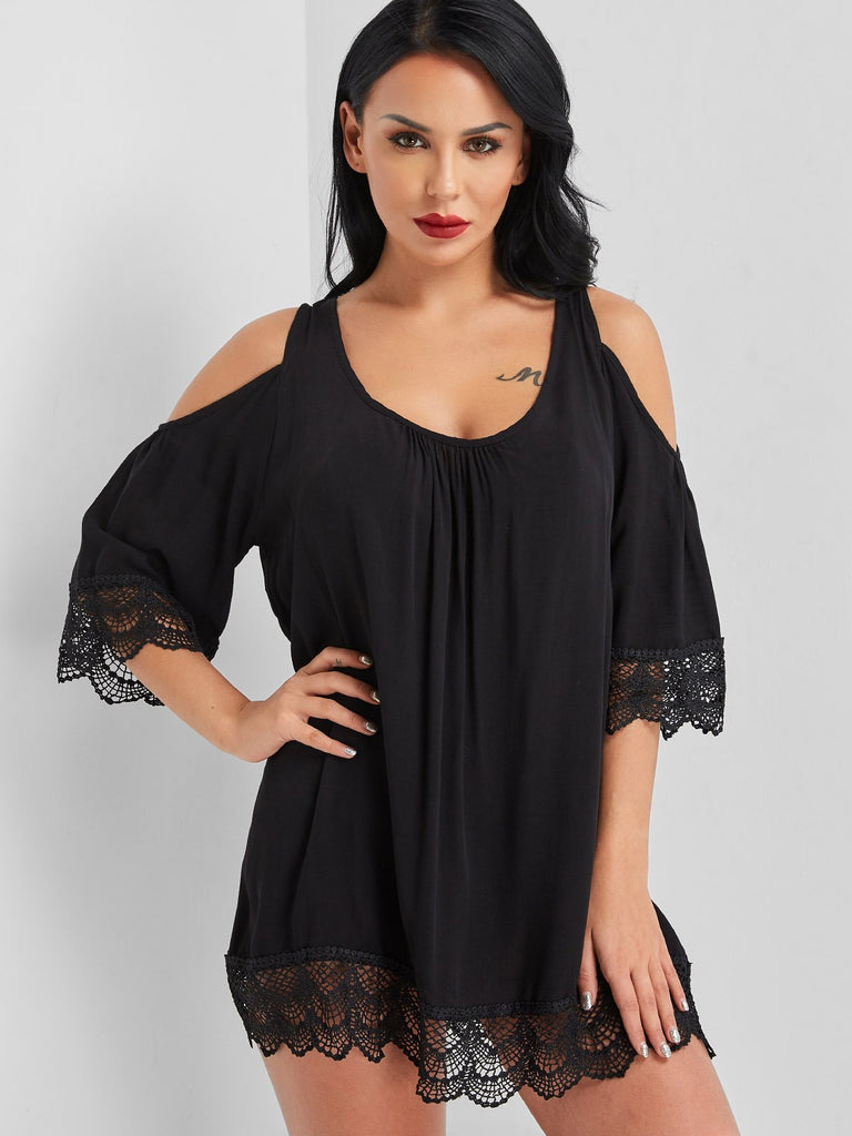 Scoop Neck Cold Shoulder Lace Tie-Up 3/4 Length Sleeve Black Beachwear