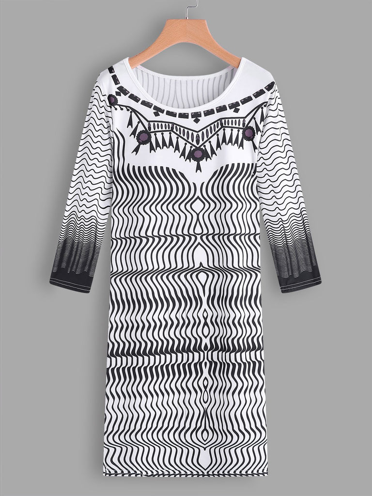 Round Neck 3/4 Sleeve Length Wave Bodycon Casual Dresses