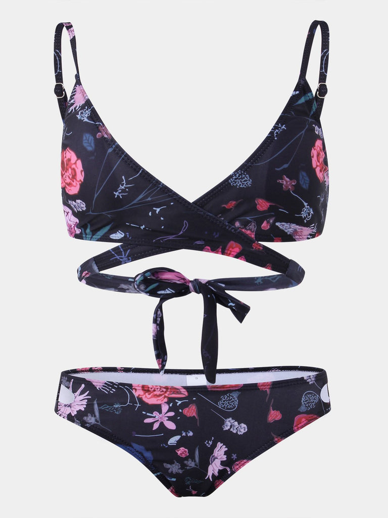 Black V-Neck Sleeveless Floral Print Lace-Up Cut Out Bikinis