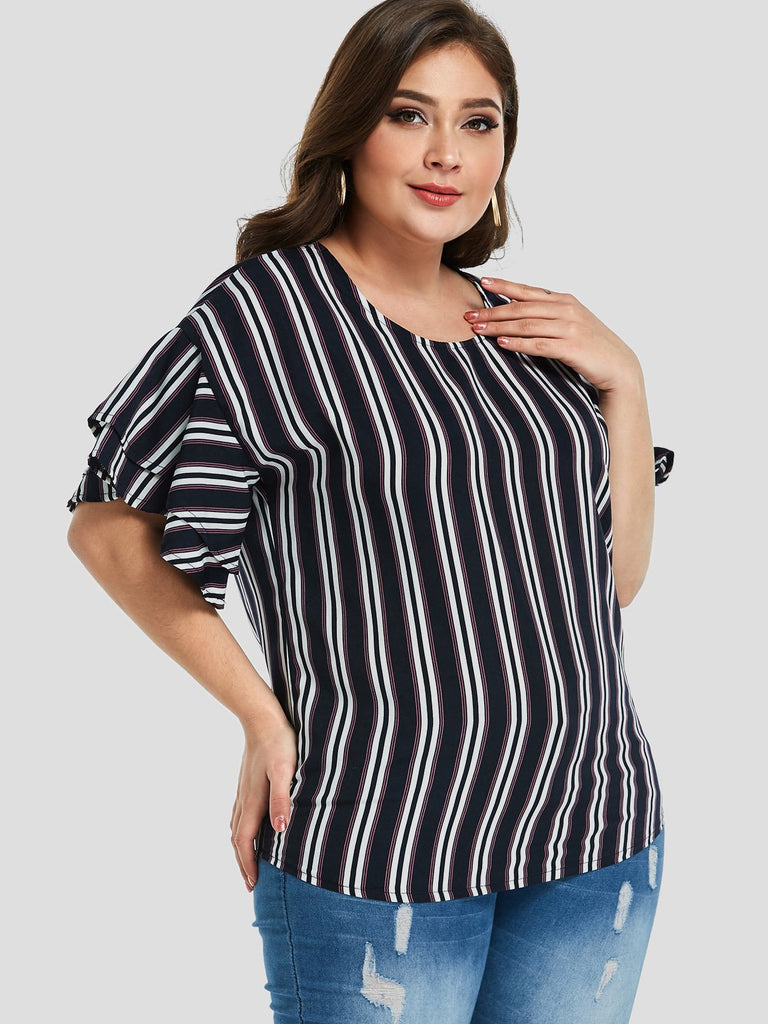Round Neck Stripe Tiered Ruffle Trim Plus Size Tops
