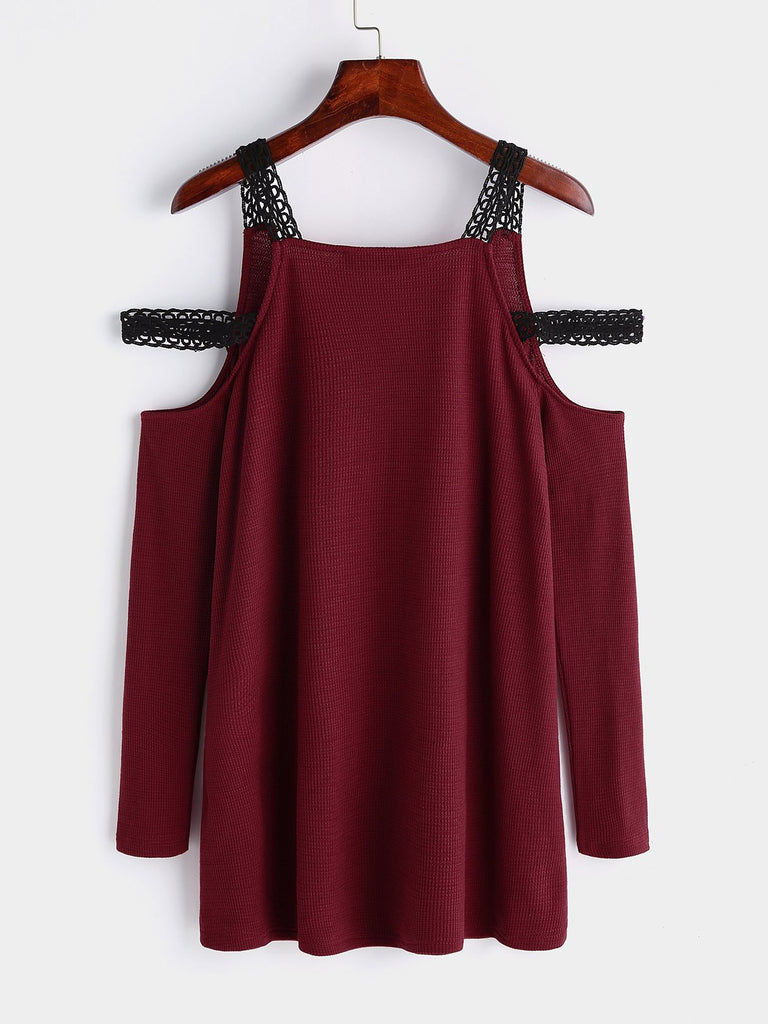 V-Neck Cold Shoulder Plain Lace Spaghetti Strap Long Sleeve Burgundy T-Shirts
