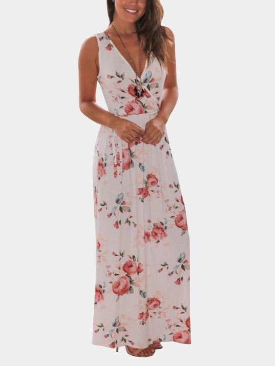 White V-Neck Sleeveless Floral Print Wrap Maxi Dresses